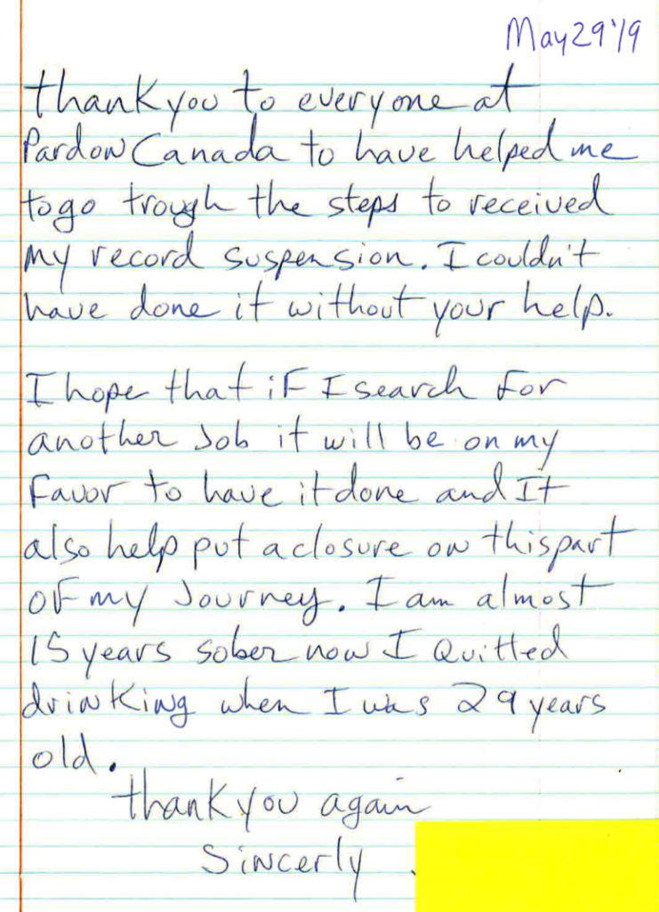 Pardons Canada letter sent by a happy client