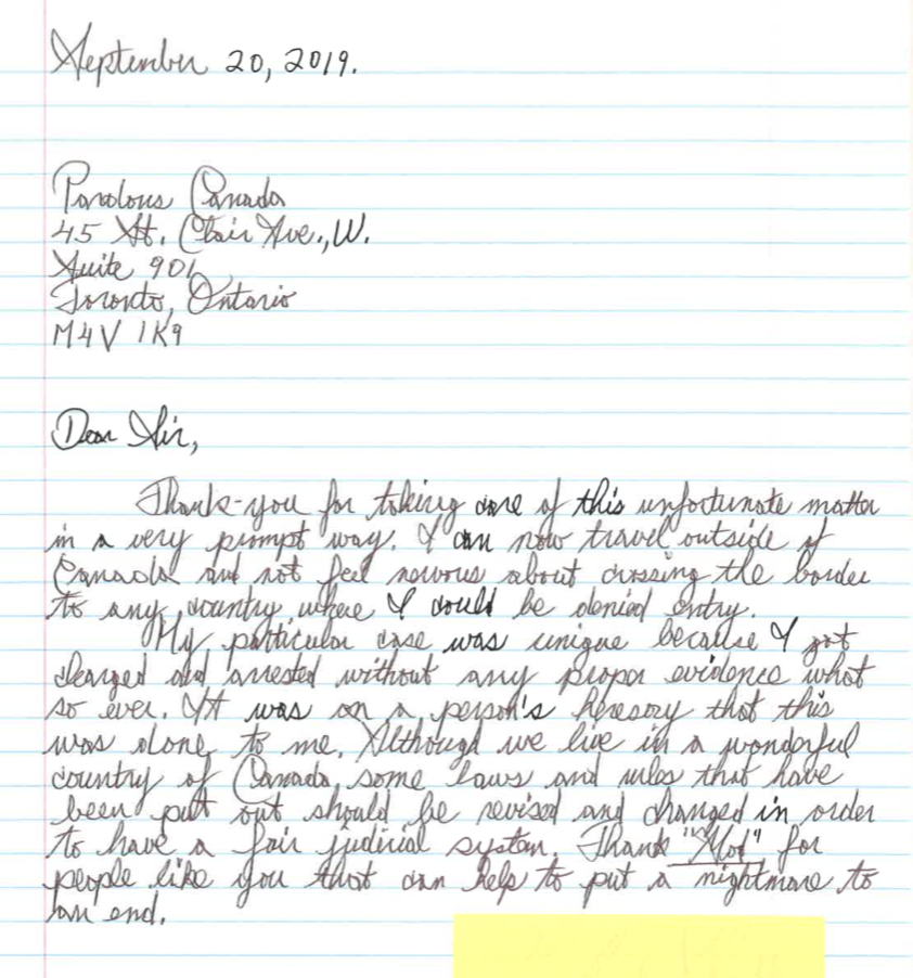 Hand written note review of Pardons.org Canada, a Canadian Pardon service located in Toronto, ON. 