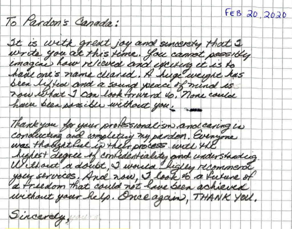 Thank you letter and review of the Pardon service received at Pardons Canada