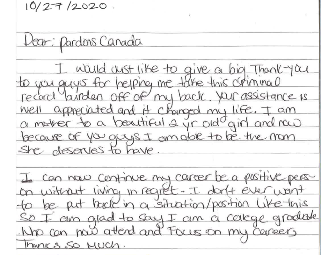 Review of Pardons.org - Client letter saying thank you for helping clear her criminal record.